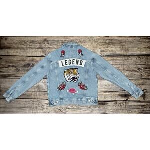 LTB Floral Denim Boyfriend Jacket w/ Patches Embroidered Womens Size Small Blue